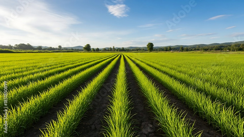 rice field in thailand, Young green onion plants grow in neat rows on fertile farm soil. Agricultural field stretches towards horizon under clear sky. Healthy crop cultivation on rural land.