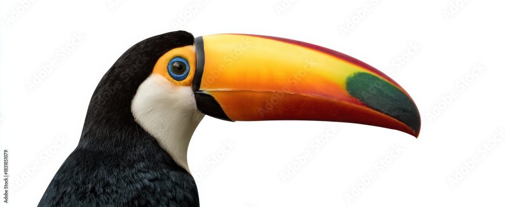 Naklejka premium Toucan’s vibrant colorful beak bursts with joyful energy against the calm white background
