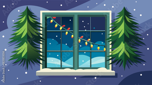 Cozy winter night scene with christmas lights and snow falling outside a window