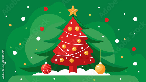 Stylized red christmas tree with ornaments and star on green snowy background