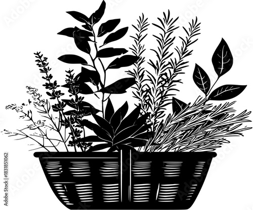 Garden Herbs - Black White Illustration | Clean, isolated vector art for creative projects.