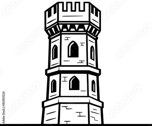 Elevated Watchtower, Medieval Architecture Monochrome | Clean, isolated vector art for creative projects.