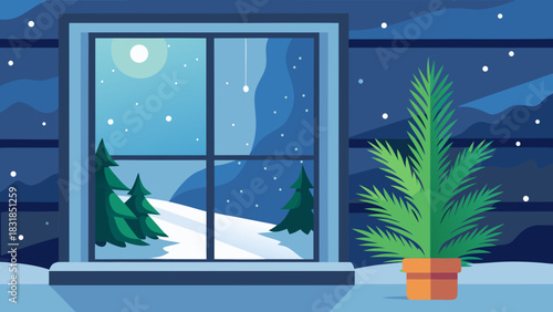 Cozy winter night scene viewed through a window with snow falling outside