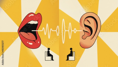 Conceptual illustration of a mouth and ear connected by a sound wave representing communication and active listening in a retro pop art style on a geometric background