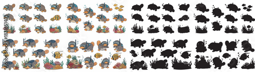 Otters snorkeling with fish and coral reef