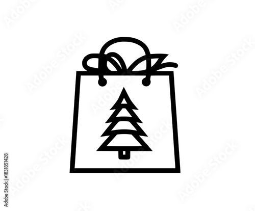 Elegant Gift Bag, Black White Flat Vector Icon Christmas | Clean, isolated vector art for creative projects.