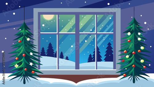 Cozy christmas scene with decorated trees viewed through a snow covered window at night