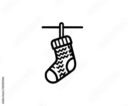 festive black white Christmas stocking hanging flat vector icon | Clean, isolated vector art for creative projects.