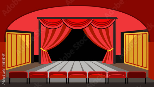 Empty theater stage with red velvet curtains and seating ready for a performance