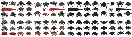 Many cartoon spiders in various colors with transparent background