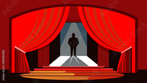 Silhouette of a person standing on a stage under a spotlight with red curtains