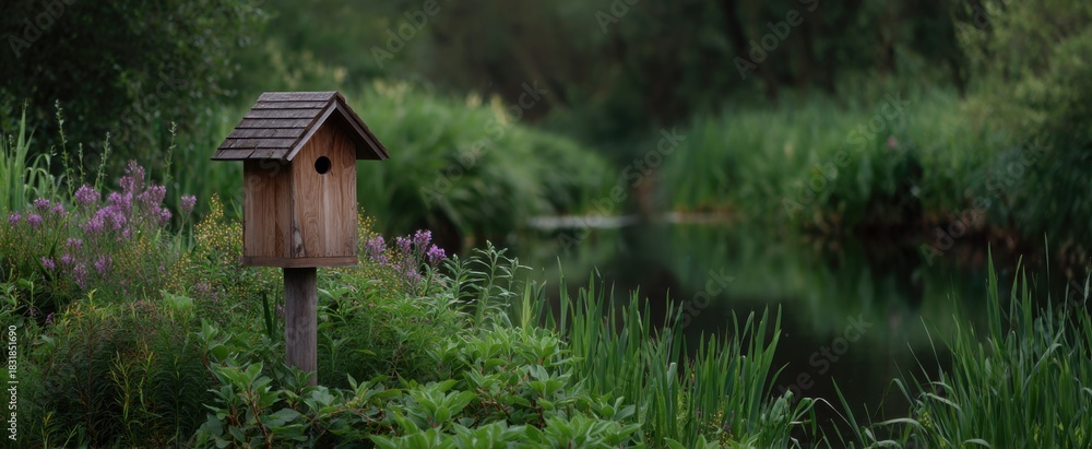 Obraz premium Wood duck nesting box placed in verdant tranquil wetland environment with abundant vegetation