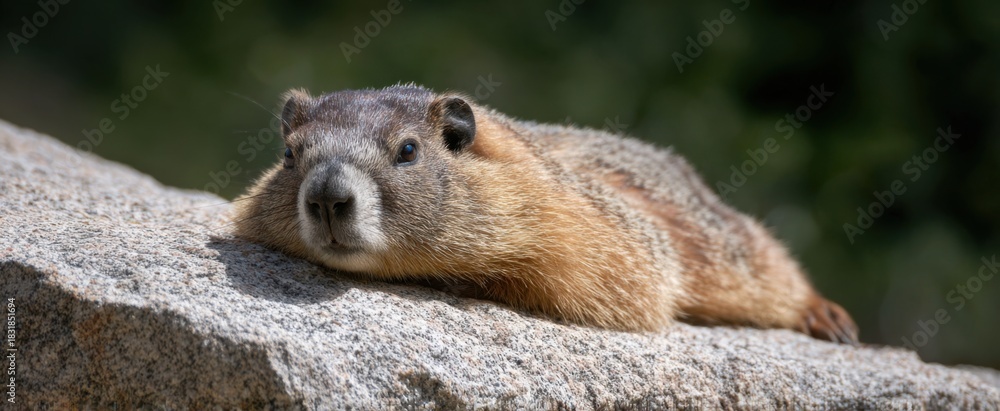 Naklejka premium Woodchuck sunbathes like a tiny stone pirate soaking up golden treasure warmth