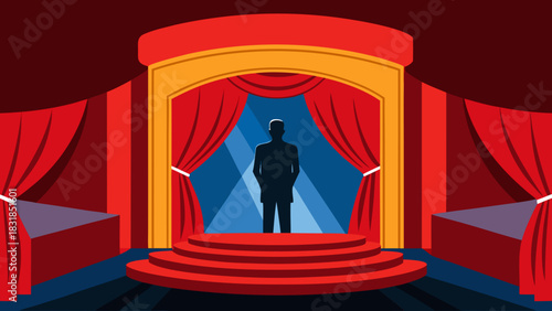 Silhouette of a person standing on a red carpeted stage under a spotlight with red curtains