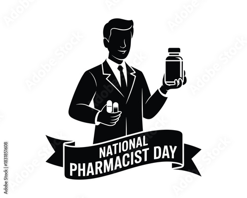 National pharmacist day illustration with pharmacist holding pills and medicine bottle