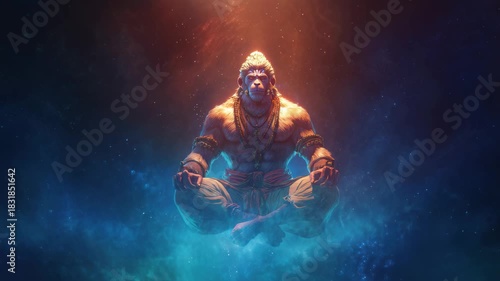 Hanuman levitating in cosmic space, surrounded by vibrant colors and ethereal light during an artistic representation