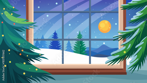 Cozy winter night view from a window with snow covered christmas trees and a full moon