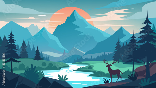 Serene mountain landscape with a deer by a winding river at sunset