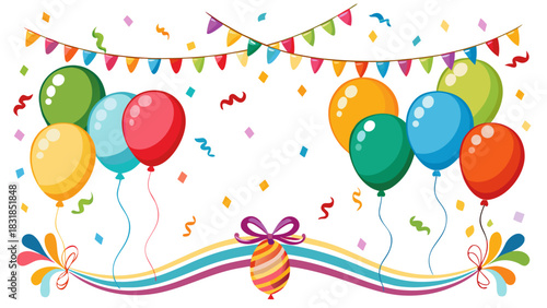 Colorful balloons and confetti celebrate a festive party or birthday event
