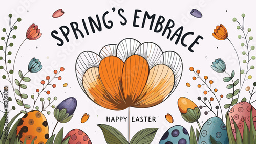 Spring s embrace happy easter greeting card with hand drawn flowers and decorated easter eggs in a whimsical watercolor style