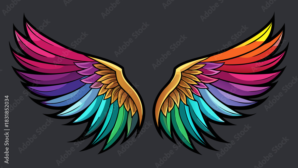 Fototapeta premium Vibrant rainbow colored angel wings with golden accents on a dark background