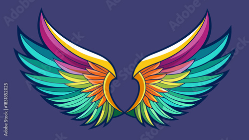 Colorful abstract wings with vibrant feathers against a dark purple background