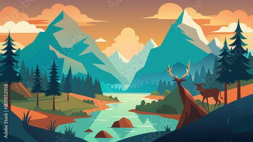 Majestic mountain landscape with deer and serene river at sunset