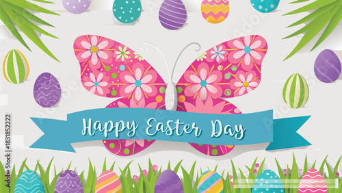 A vibrant and cheerful illustration celebrating easter day with a large decorative butterfly colorful easter eggs and lush green grass perfect for spring holiday greetings and decorations