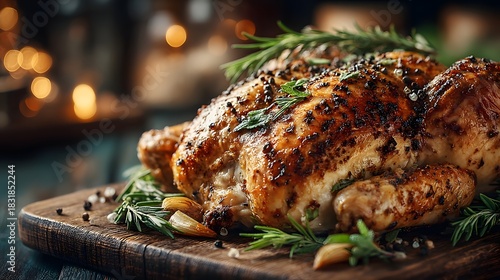 Roasted Whole Chicken with Herbs and Spices on Board Image