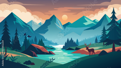 Serene mountain landscape with river and deer at sunset