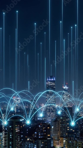 Animated IoT network signals moving across a smart city skyline at night for modern technology visuals