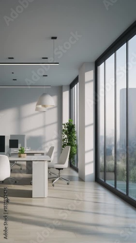 Modern Office Interior Showcase: Minimalist Design and Tranquil Ambiance for Corporate Productivity and Elegance