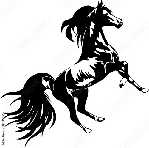 A vector silhouette of a graceful black horse rearing up, emphasizing its strength and dynamism. Perfect for logos, sports symbols, and equestrian elements.