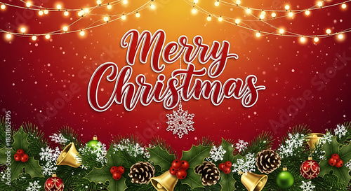 Merry christmas greeting background with sparkling lights, pine branches, golden bells, and festive ornaments on a vibrant red backdrop