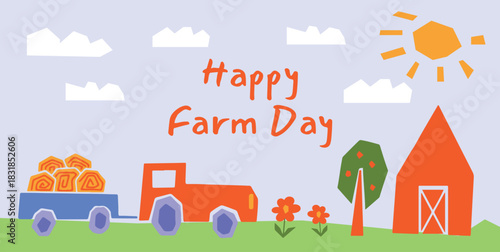 Childish Farm Tractor Barn Tree Flowers and Sun in bright landscape. Cute flat vector scene with hay trailer clouds and green field for kids cards posters nursery decor