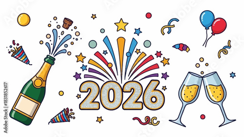 Wallpaper Mural Festive 2026 New Year's illustration with champagne, fireworks, and celebratory elements. Torontodigital.ca