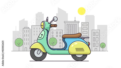 Illustration of a mint green scooter in front of a city skyline.