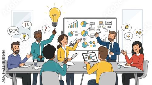 Wallpaper Mural Brainstorming session with diverse team, whiteboard with charts and diagrams, lightbulb idea. Torontodigital.ca