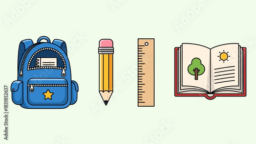 School supplies: backpack, pencil, ruler, and open book with tree and sun illustration.