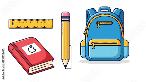 Illustration of school supplies including a book, pencil, ruler, and backpack.