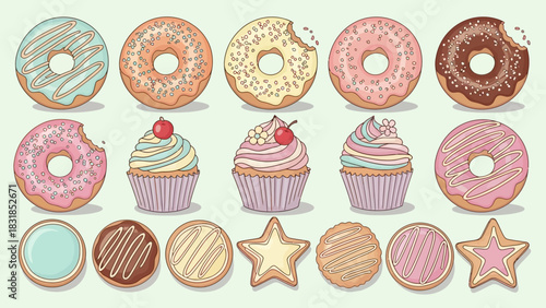 Assorted donuts, cupcakes, and cookies in a colorful illustration.