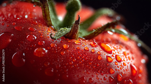 A close up of a vibrant red tomato with water droplets and green stem on a dark background view