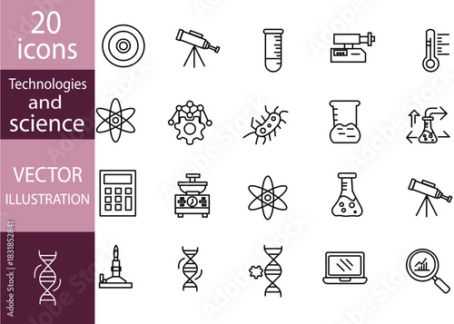  Science line icons. Laboratory equipment physics chemical biology research