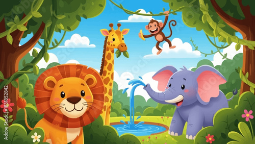 Cartoon jungle scene with lion, giraffe, monkey, and elephant near a pond.