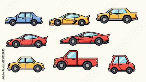 Cartoon illustration of various cars in different colors and styles.