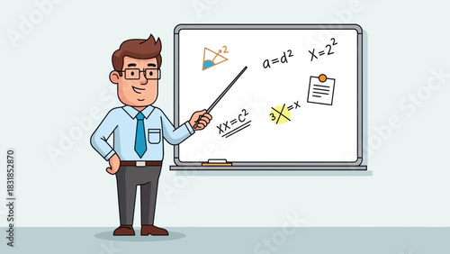 Cartoon man teaching math with pointer in front of whiteboard.