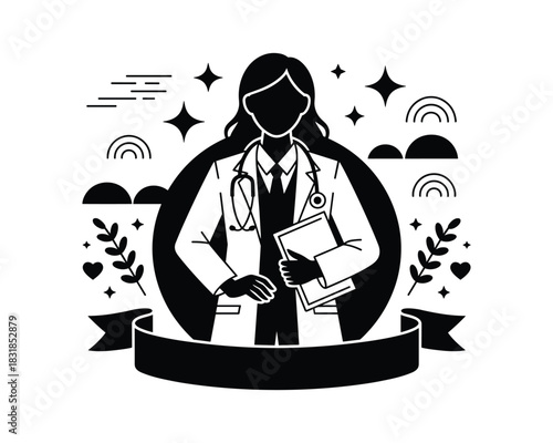 Silhouette of a female doctor with stethoscope and clipboard in a decorative frame