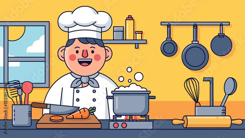 Cartoon illustration of a chef cooking in a kitchen with various utensils and ingredients.