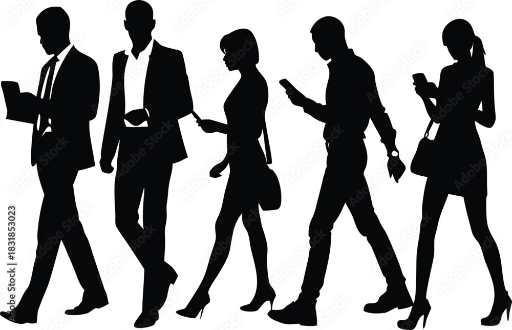 Fototapeta premium people walking, standing, using phone, office attire, male and female poses, casual business postures silhouette vector illustration