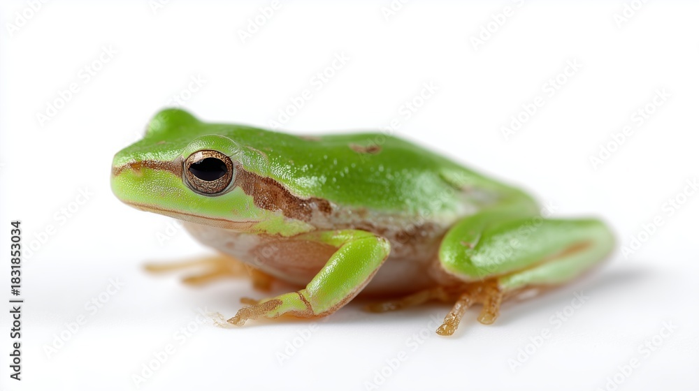 Fototapeta premium Bright green frog sitting on white background showcasing its vibrant colors and features